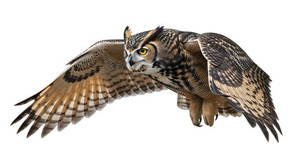 Fototapeta premium Majestic owl in flight with wings spread, isolated on white background