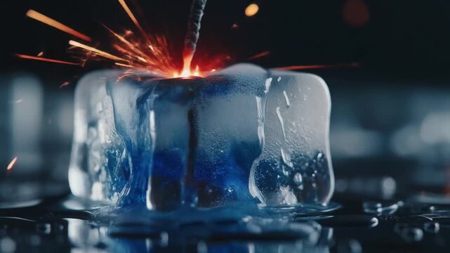 Close-up of a dynamic chemical reaction on a melting ice cube, with brilliant sparks igniting a vibrant blue core, illustrating extreme temperature contrasts