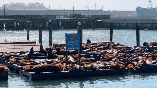 Sea lions huddling on Pier 39 docks with warning sign. Close-up of numerous marine mammals resting on wooden platforms with a blue information sign in San Francisco.