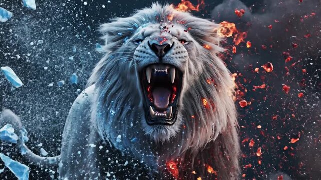 Lion head split with ice and fire elements on dark background
