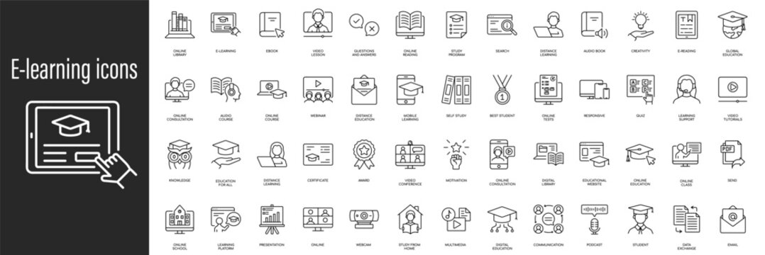 Comprehensive e-learning icons set for online education and digital learning