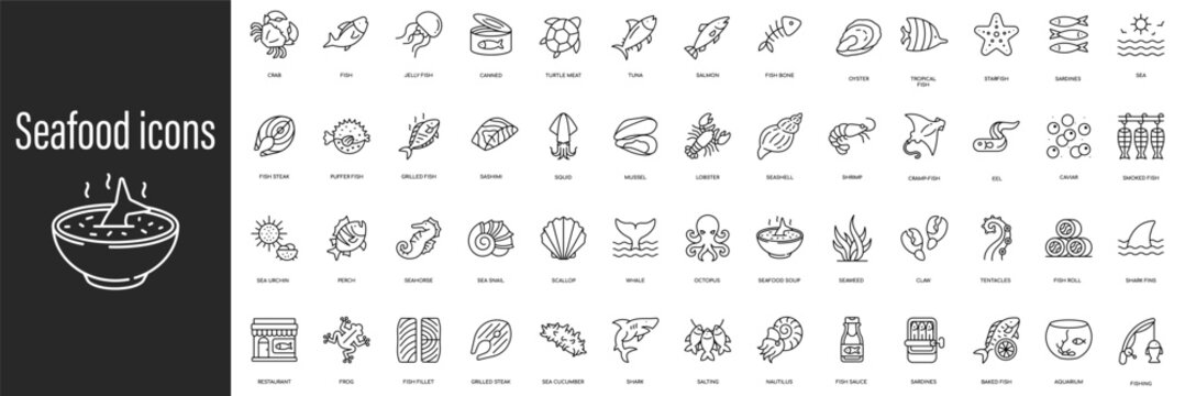 Seafood icons collection: fish, shellfish, cooking, ingredients, restaurant
