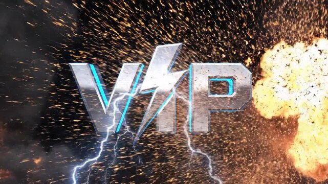 Metallic VIP letters amidst blue lightning and orange flames