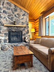 Naklejka premium Fireplace, couch and wooden table in room. Interior design