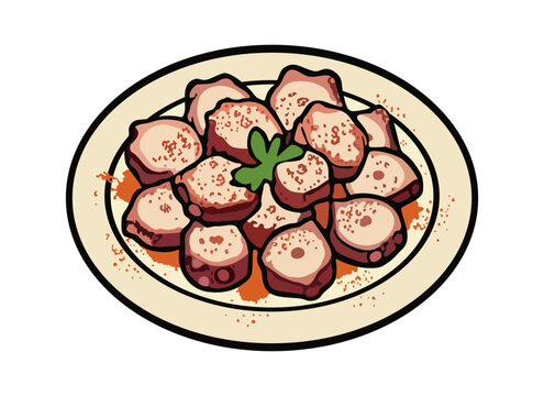 Pulpo a galega. Galicia's octopus plate. Traditional Spanish cuisine. Vector isolated illustration