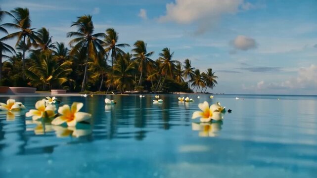 Flowers floating in an infinity pool with tropical island and ocean in the background