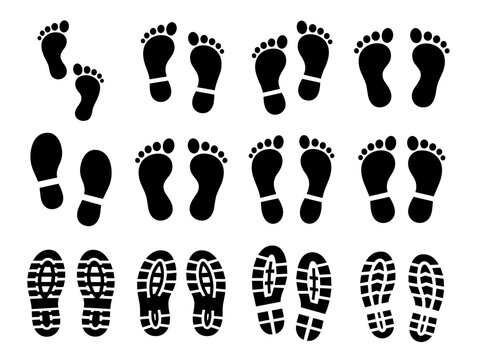 Footprint icons set, footsteps shoe sole and walking track symbols vector silhouettes on transparent background