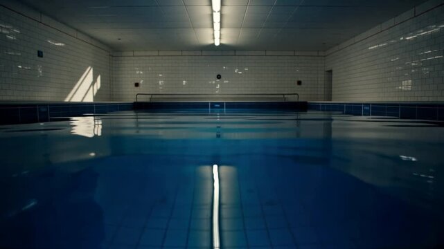 Empty indoor swimming pool with white tiles and sunlight reflection