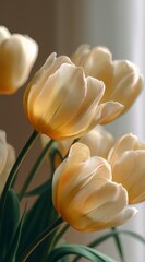 Obraz premium Macro Close-Up of Pale Yellow Tulips in Warm Golden Sunlight, Soft Petal Texture, Creamy Blurred Background, Minimal Elegant Composition, Ultra-Realistic Floral Photography