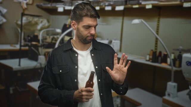 Man with beard holding a beer bottle in hand, making a stop palm and index finger point gesture amid sewing machines and spools in a studio; hesitation reflection.