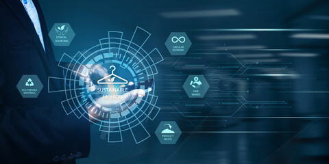 Obraz premium Digital interface showcasing sustainable fashion principles with icons for ethical sourcing ecofriendly materials fair wages circular economy and product waste management as a business concept