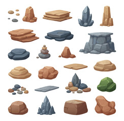 Cartoon rock and stone set, boulders, crystals and cliff formations vector collection isolated on transparent background © gerik_a