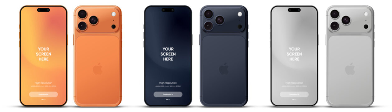 Istanbul, Turkey-January 23, 2026: New iPhone 17 Pro with color options. Silver, Cosmic Orange and Deep Blue colors. Smartphone 3D mockup screen front view iphone with white blank screens	