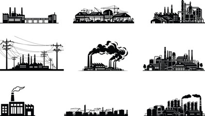Obraz premium Industrial factory buildings and power plants silhouette set