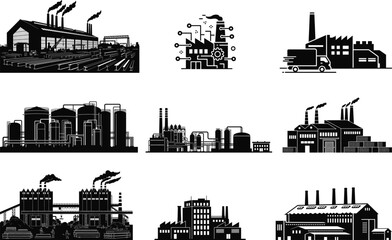 Obraz premium Industrial factory buildings and city skyscrapers silhouette