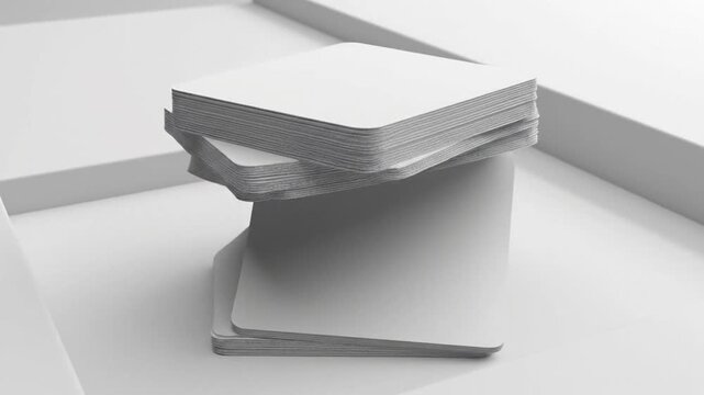 Abstract white geometric sculpture with stacked cards on a minimalist background