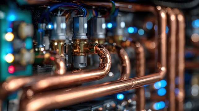 Cooling system tubing with glowing lights. Precision engineering meets futuristic liquid cooling aesthetics.