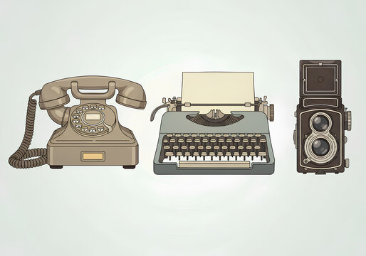 Vintage Communication and Recording Devices Telephone Typewriter Camera.