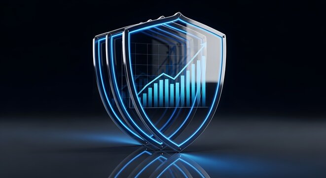 Digital security and financial growth concept with glowing blue shields protecting an upward trending bar chart, symbolizing data integrity and secure investments