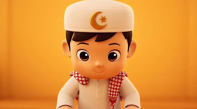 Cute animated character in traditional attire with orange background