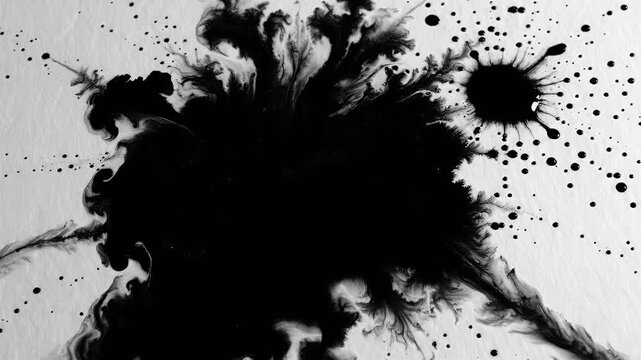 Ink blot with intricate feathery details, scattered dots on white