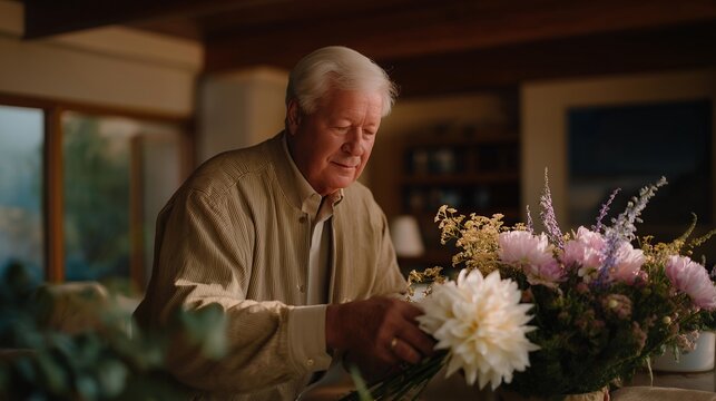 Elderly man arranging fresh flowers beside urn on mantle in upscale townhouse, wedding ring still worn, preparing solitary dinner, perfect for widower grief keywords, and contemporary loss theme.