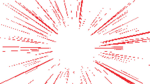 Abstract red pixel burst radiating from center on white background, dynamic digital explosion pattern with scattered blocks creating energetic motio,n futuristic minimal geometric tech style