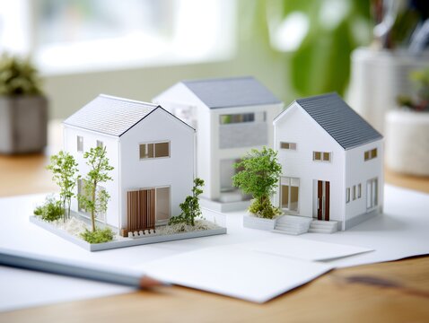 注文住宅の設計相談で机の上に並べられた複数の白い一戸建て住宅模型と図面の資料