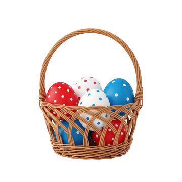 A wicker basket filled with red white and blue easter eggs