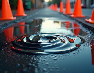 Fototapeta premium Oil Slick Swirling in Puddle with Shadow of Traffic Cones