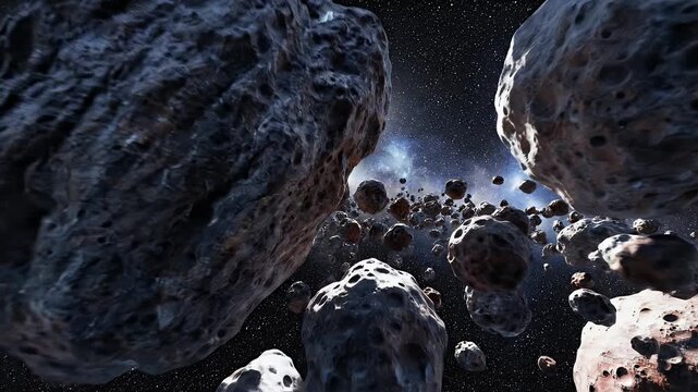 A vast asteroid field in space with a vibrant nebula and a starry night backdrop