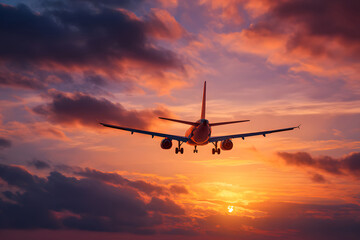 Naklejka premium Plane flying in the sky during sunset with colorful clouds and orange light in the background