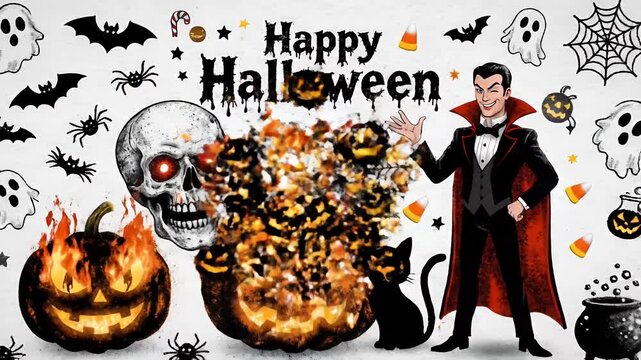 Pixel Art Halloween Vampire Cat Pumpkins Skulls Bats Ghosts Festive Loop