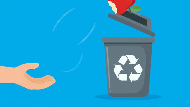 Pixel Art Hand Holds Bitten Apple Near Open Recycling Bin