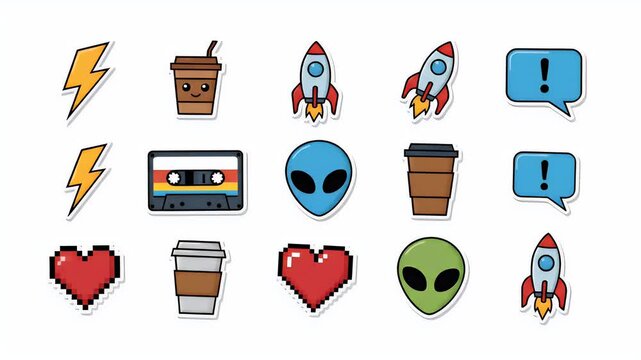Pixel Art Icons Coffee Cup Rocket Alien Heart Lightning Cassette Tape