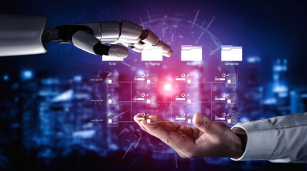 AI managing task workflow system, tracking document progress, analyzing productivity levels, and...