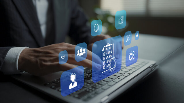 SLA service level agreement management concept. Person typing keyboard with contract and performance monitoring icons, service quality assurance, customer support standards and business compliance.