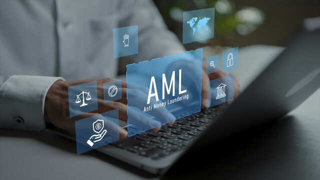 Anti money laundering monitoring system concept. Person using laptop with financial audit and security icons, suspicious transaction analysis, regulatory reporting and financial protection.