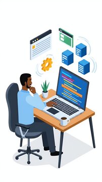 Programmer Typing Code On Laptop At Desk With Coffee