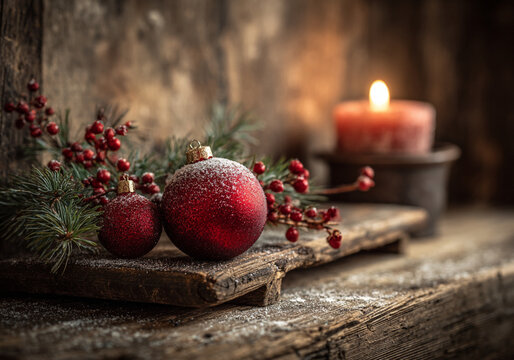 Weihnachtskugeln und Tannenzweige auf Holztisch mit Kerzenlicht