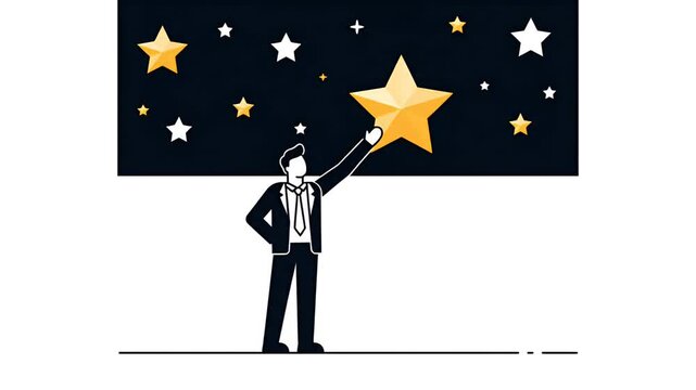 Pixel Art Man Reaching For Glowing Golden Star Against Dark Night Sky Background