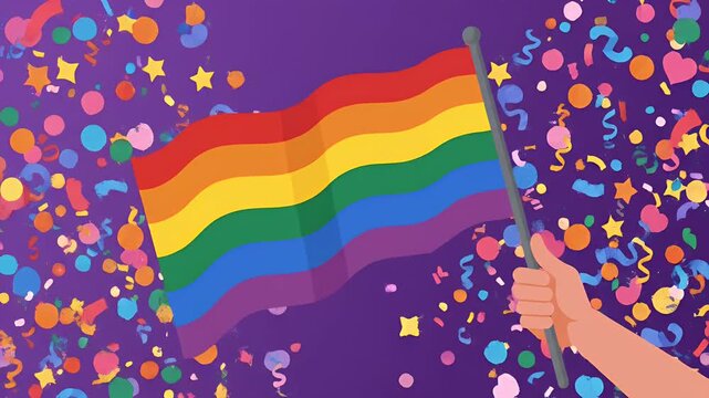 Rainbow Flag Waves Confetti Celebration Pride LGBTQ Motion Graphic Loop