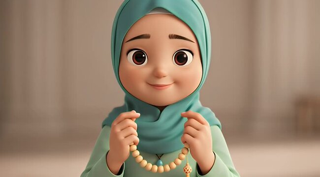 Cute cartoon girl wearing a hijab holding prayer beads in a soft focus background.