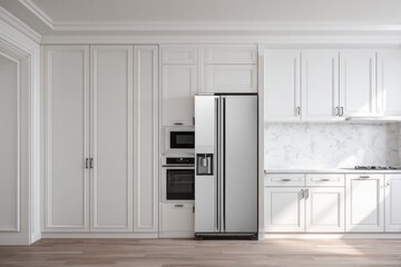 Fototapeta premium Bright, spacious, modern kitchen featuring white paneled cabinetry and stainless steel appliances
