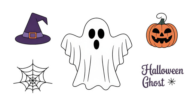 Festive Halloween icons showcase a ghost, witch hat, pumpkin, and spooky spiderweb design.
