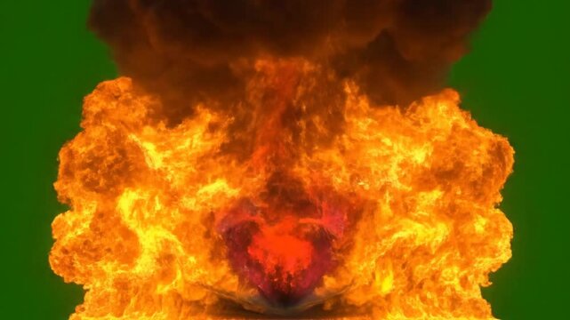 Vibrant orange and white explosion with a large, billowing cloud against a green background.