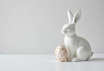 Obraz premium White ceramic rabbit with pastel smudged patterns Easter egg on a pure white background