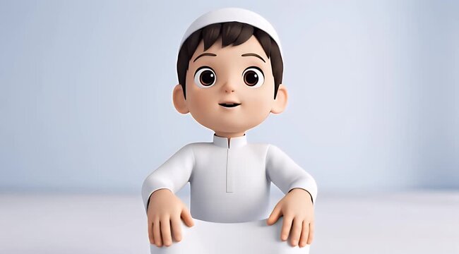 3D illustration of a smiling boy in traditional attire on light background