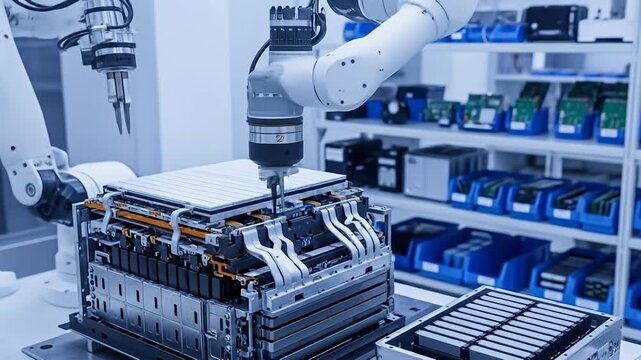 Robotic arms working on stacked battery components in a clean, futuristic setting