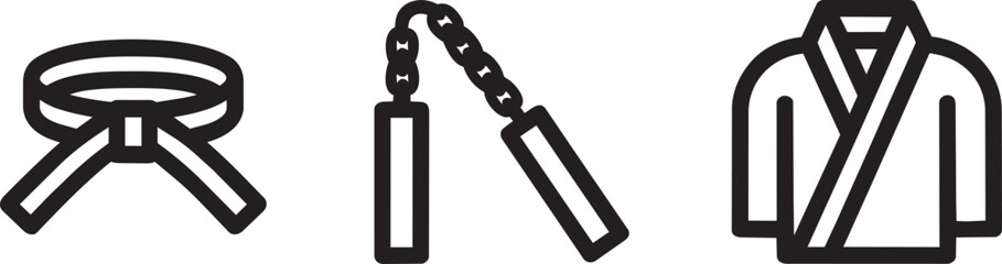 Martial arts equipment set with black belt nunchaku and karate gi jacket outline vector icons © Pappu0099